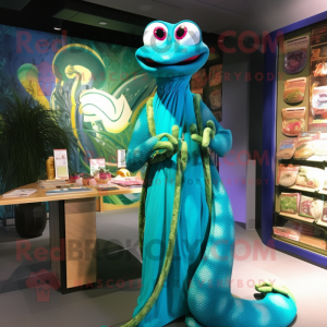 Turquoise Snake mascot costume character dressed with a Maxi Dress and Brooches