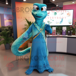 Turquoise Snake mascot costume character dressed with a Maxi Dress and Brooches