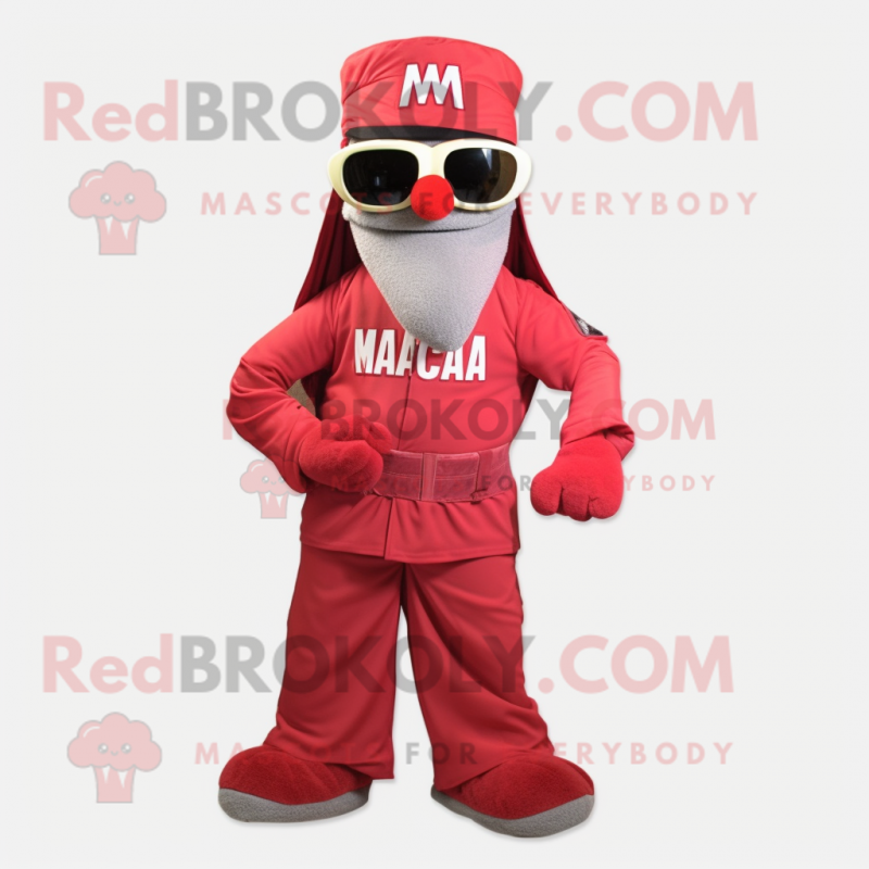 Red Marine Recon mascot costume character dressed with a Maxi Skirt and Sunglasses Red Marine Recon mascot costume character dressed with a Maxi Skirt and Sunglasses