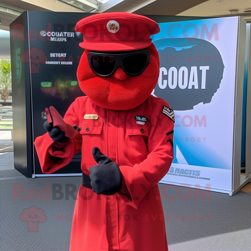 Red Marine Recon mascot costume character dressed with a Maxi Skirt and Sunglasses