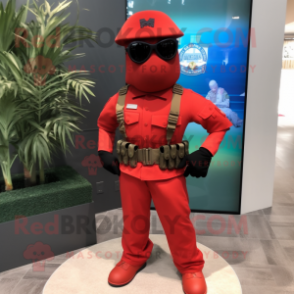 Red Marine Recon mascot costume character dressed with a Maxi Skirt and Sunglasses