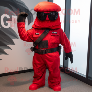 Red Marine Recon mascot costume character dressed with a Maxi Skirt and Sunglasses