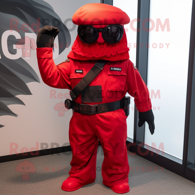 Red Marine Recon mascot costume character dressed with a Maxi Skirt and Sunglasses Red Marine Recon mascot costume character dressed with a Maxi Skirt and Sunglasses