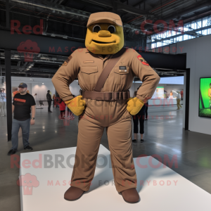 Brown Commando mascot costume character dressed with a Jumpsuit and Suspenders