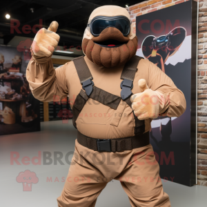 Brown Commando mascot costume character dressed with a Jumpsuit and Suspenders