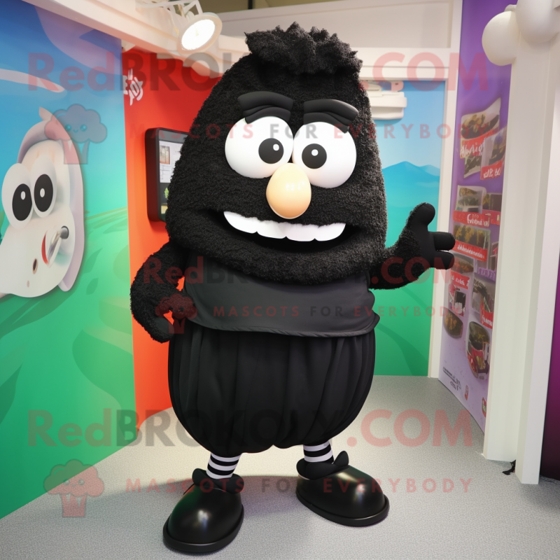 Black Moussaka mascot costume character dressed with a Bermuda Shorts and Earrings Black Moussaka mascot costume character dressed with a Bermuda Shorts and Earrings