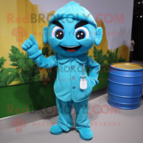 Turquoise Scented Candle mascot costume character dressed with a Overalls and Keychains