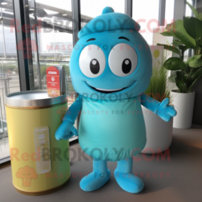 Turquoise Scented Candle mascot costume character dressed with a Overalls and Keychains