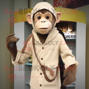 Beige Capuchin Monkey mascot costume character dressed with a Henley Shirt and Scarf clips