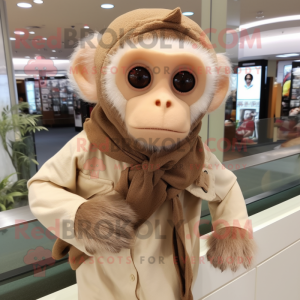 Beige Capuchin Monkey mascot costume character dressed with a Henley Shirt and Scarf clips