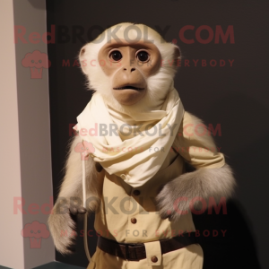 Beige Capuchin Monkey mascot costume character dressed with a Henley Shirt and Scarf clips