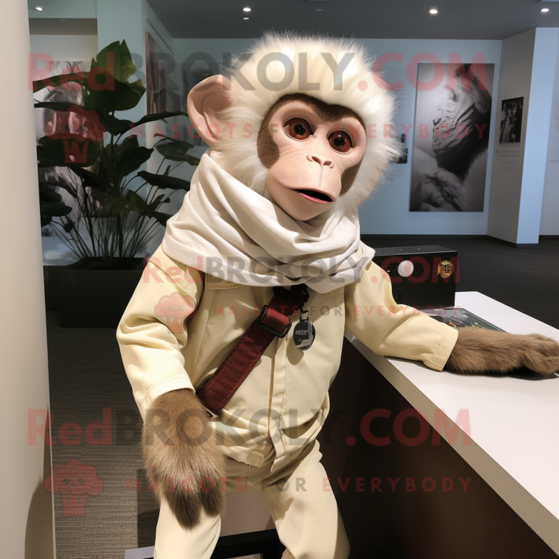 Beige Capuchin Monkey mascot costume character dressed with a Henley Shirt and Scarf clips