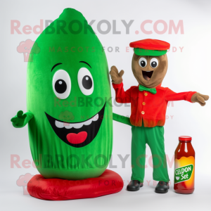 Green Bottle Of Ketchup mascot costume character dressed with a Corduroy Pants and Beanies