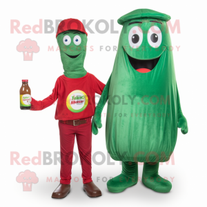 Green Bottle Of Ketchup mascot costume character dressed with a Corduroy Pants and Beanies