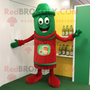 Green Bottle Of Ketchup mascot costume character dressed with a Corduroy Pants and Beanies