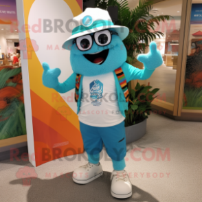 Turquoise Alliance mascot costume character dressed with a Board Shorts and Hat pins