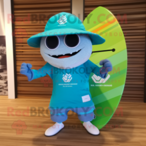 Turquoise Alliance mascot costume character dressed with a Board Shorts and Hat pins