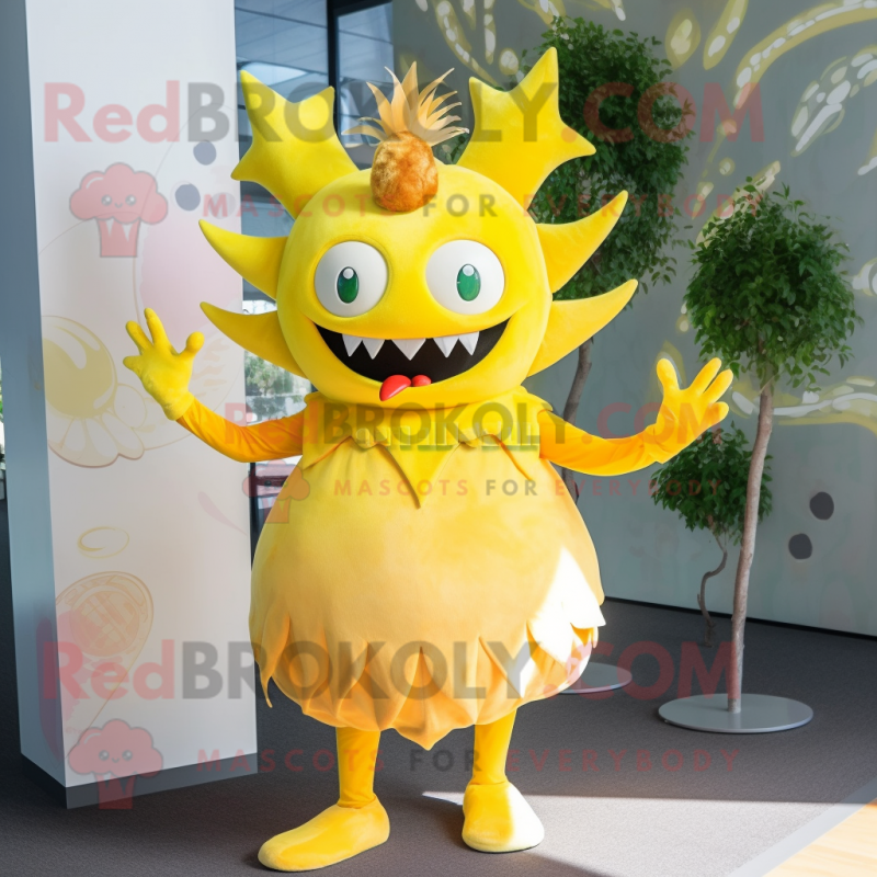 Lemon Yellow Devil mascot costume character dressed with a Blouse and Hairpins Lemon Yellow Devil mascot costume character dressed with a Blouse and Hairpins