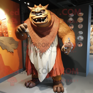 Rust Ogre mascot costume character dressed with a T-Shirt and Shawl pins