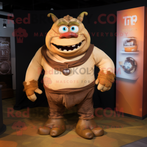Rust Ogre mascot costume character dressed with a T-Shirt and Shawl pins