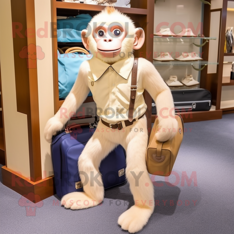 Cream Capuchin Monkey mascot costume character dressed with a Jeggings and Clutch bags