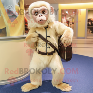 Cream Capuchin Monkey mascot costume character dressed with a Jeggings and Clutch bags