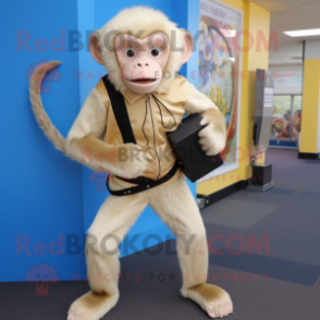 Cream Capuchin Monkey mascot costume character dressed with a Jeggings and Clutch bags