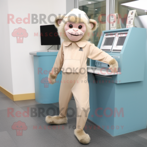 Cream Capuchin Monkey mascot costume character dressed with a Jeggings and Clutch bags