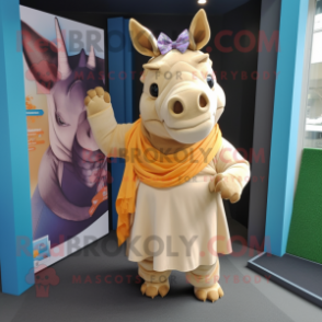 Tan Rhinoceros mascot costume character dressed with a Wrap Dress and Scarves