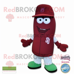 Maroon Zucchini mascot costume character dressed with a Baseball Tee and Hat pins