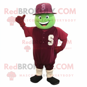 Maroon Zucchini mascot costume character dressed with a Baseball Tee and Hat pins