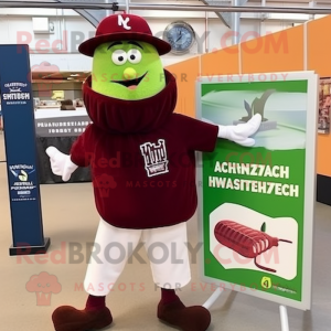 Maroon Zucchini mascot costume character dressed with a Baseball Tee and Hat pins