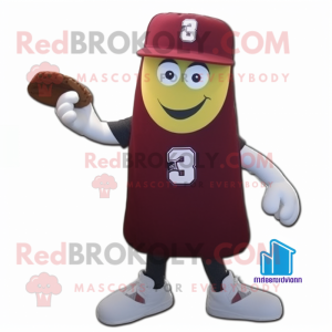 Maroon Zucchini mascot costume character dressed with a Baseball Tee and Hat pins