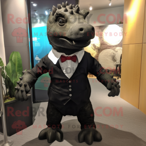 Black Ankylosaurus mascot costume character dressed with a Dress Shirt and Cummerbunds