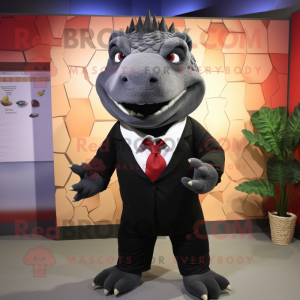 Black Ankylosaurus mascot costume character dressed with a Dress Shirt and Cummerbunds