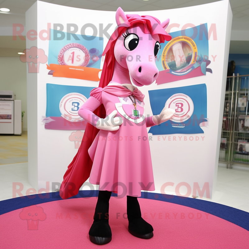 Pink Horseshoe mascot costume character dressed with a Pencil Skirt and Scarf clips Pink Horseshoe mascot costume character dressed with a Pencil Skirt and Scarf clips