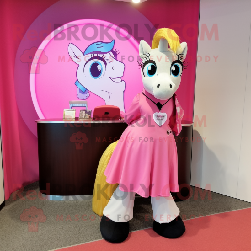 Pink Horseshoe mascot costume character dressed with a Pencil Skirt and Scarf clips Pink Horseshoe mascot costume character dressed with a Pencil Skirt and Scarf clips