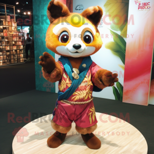 Gold Red Panda mascot costume character dressed with a Romper and Shawls