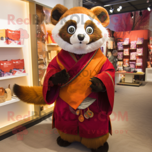 Gold Red Panda mascot costume character dressed with a Romper and Shawls