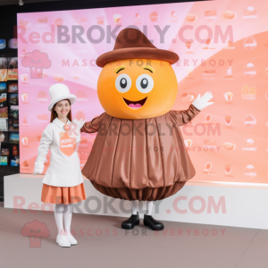 Peach Chocolate Bar mascot costume character dressed with a Pleated Skirt and Caps