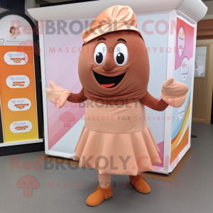 Peach Chocolate Bar mascot costume character dressed with a Pleated Skirt and Caps