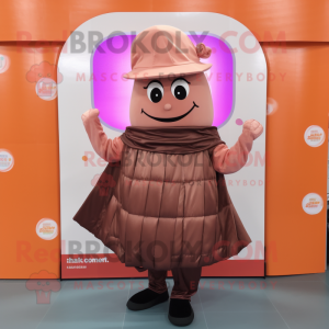 Peach Chocolate Bar mascot costume character dressed with a Pleated Skirt and Caps