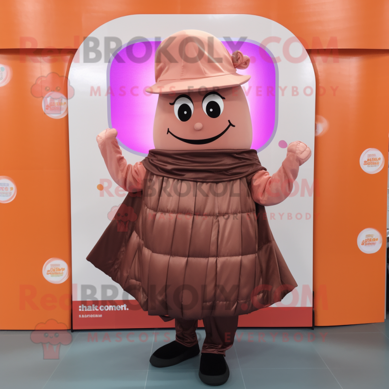Peach Chocolate Bar mascot costume character dressed with a Pleated Skirt and Caps Peach Chocolate Bar mascot costume character dressed with a Pleated Skirt and Caps