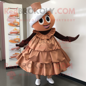 Peach Chocolate Bar mascot costume character dressed with a Pleated Skirt and Caps