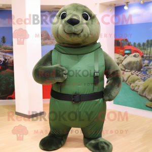 Forest Green Seal mascot costume character dressed with a Tank Top and Belts