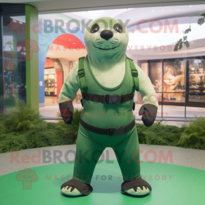 Forest Green Seal mascot costume character dressed with a Tank Top and Belts