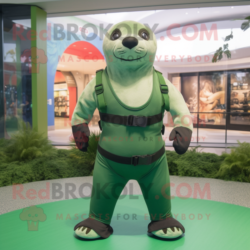 Forest Green Seal mascot costume character dressed with a Tank Top and Belts