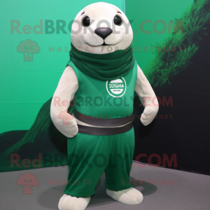 Forest Green Seal mascot costume character dressed with a Tank Top and Belts