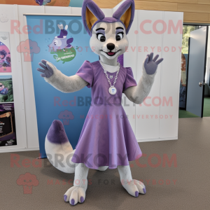 Lavender Dingo mascot costume character dressed with a Shift Dress and Earrings