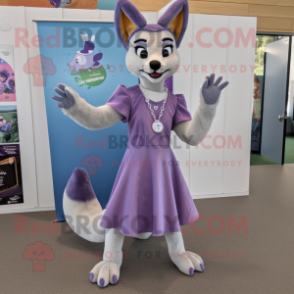 Lavender Dingo mascot costume character dressed with a Shift Dress and Earrings